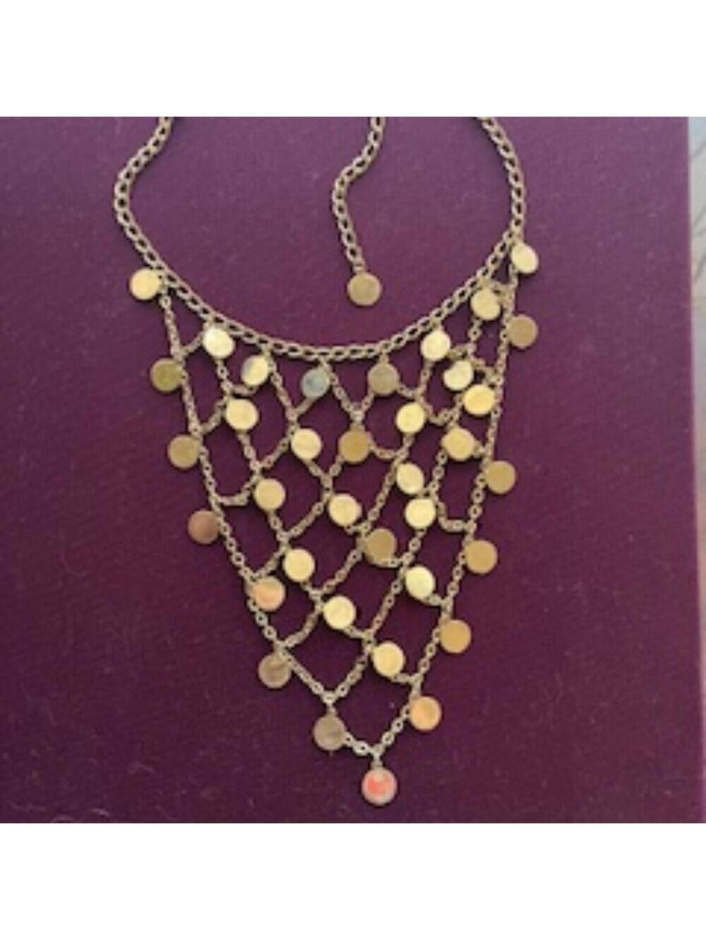 Vintage Gold Tone Liquid Chain Mesh Coin Dangle Bib Necklace